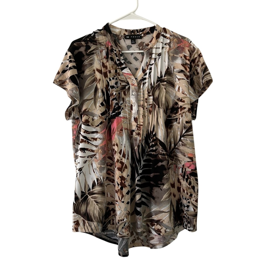 N Touch Women's Pleated Tropical Leaf Tan Black Pullover Blouse Tunic L Large